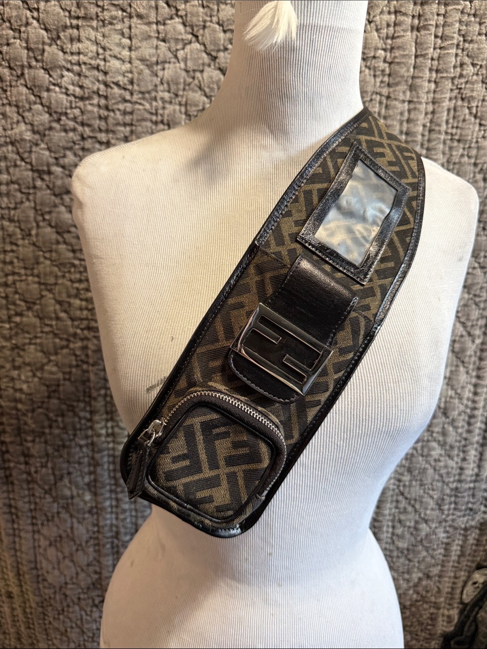Designer-Style Brown Monogram Crossbody Strap Bag.